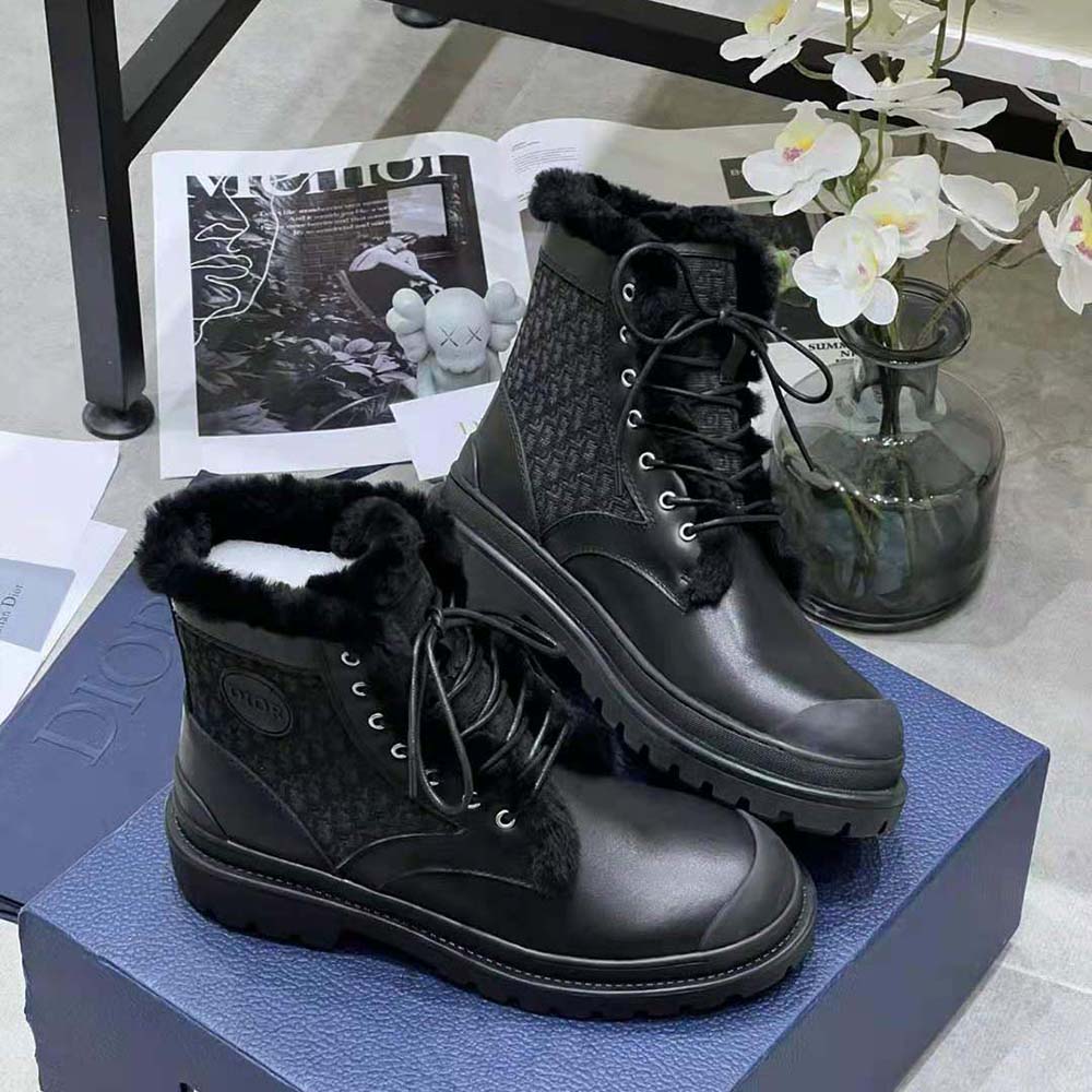 GIÀY Dior Explorer Ankle Boot Black Smooth Calfskin and Dior Oblique Jacquard