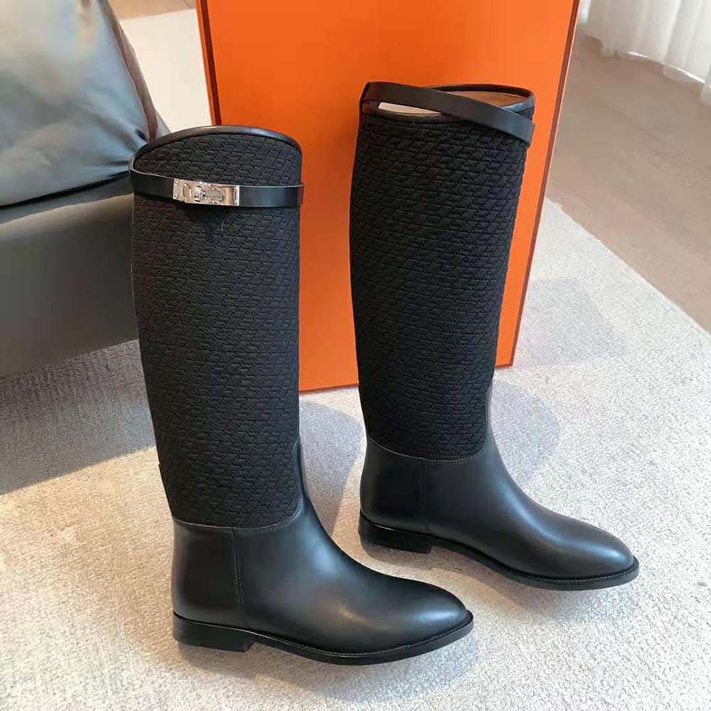 GIÀY Hermes Women Jumping Boot in Quilted Canvas and Calfskin-Black