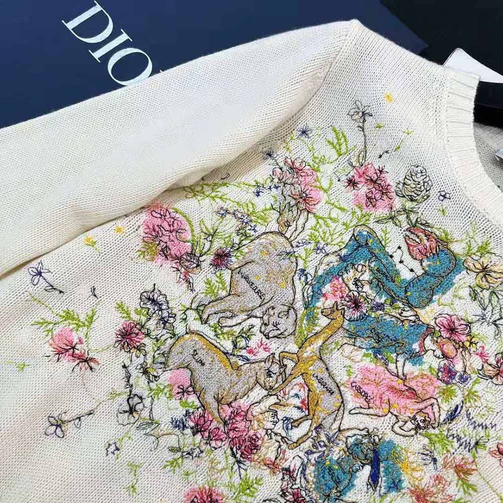 ÁO Dior Women Chez Moi Sweater Ecru Cashmere Intarsia Knit with Multicolor D-Constellation Motif