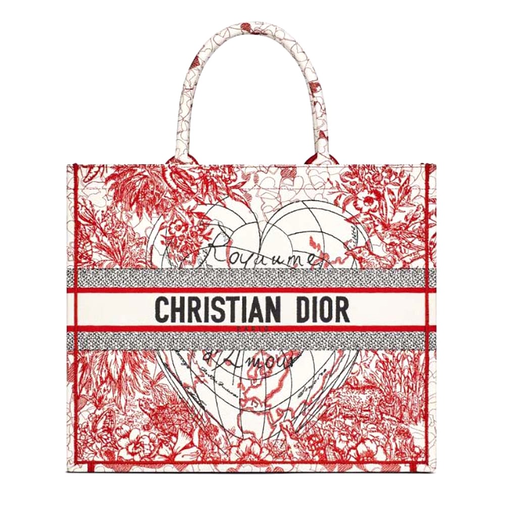 TÚI Dior Women Dioramour Dior Book Tote Red and White D-Royaume D Amour Embroidery