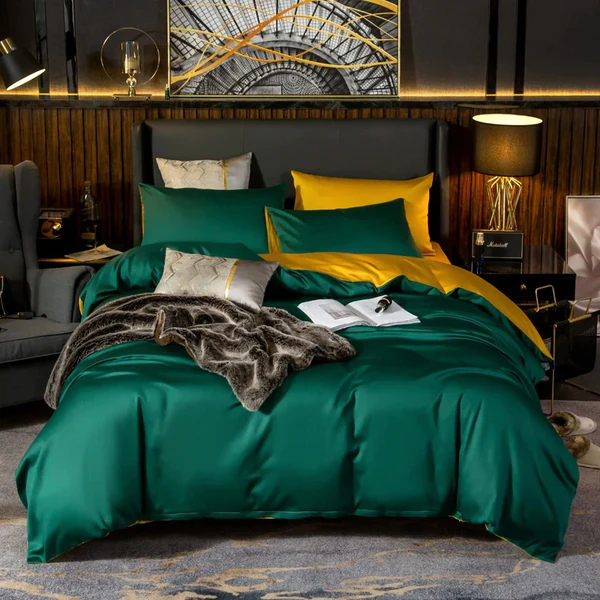 BỘ CHĂN GA GỐI Shemir Emerald Green Gold Reversible Egyptian Cotton Duvet Cover Set