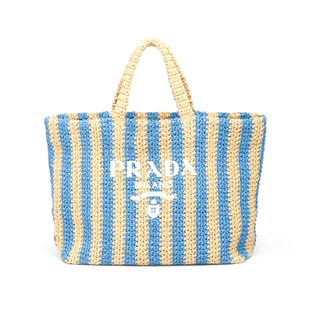 TÚI Prada Women Large Raffia Tote Bag with Embroidered Lettering Logo on the Front-Blue