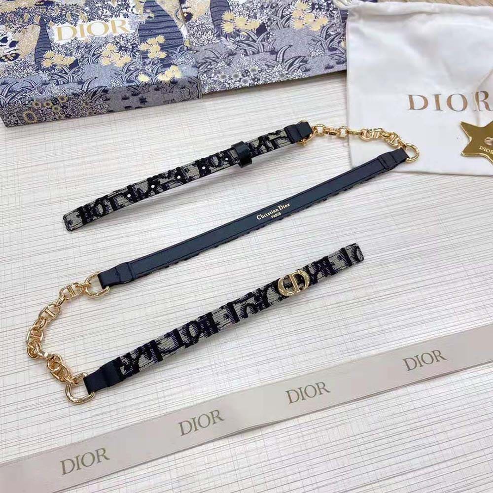 DÂY LƯNG Dior Women Caro Belt Blue Dior Oblique Jacquard with Shiny Gold-Finish Metal 15 MM