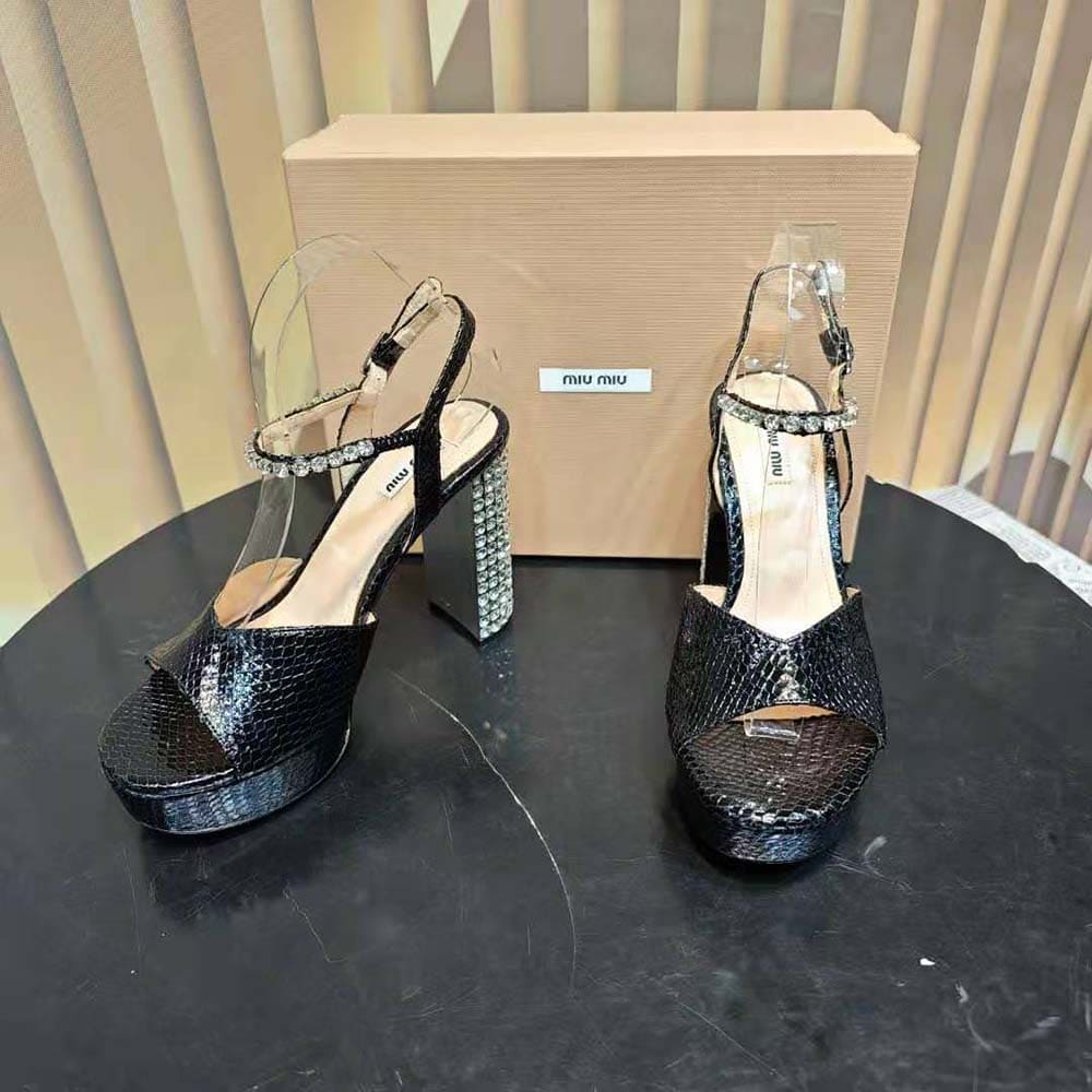 GIÀY Miu Miu Women Lizard-print Leather Platform Sandals-Black