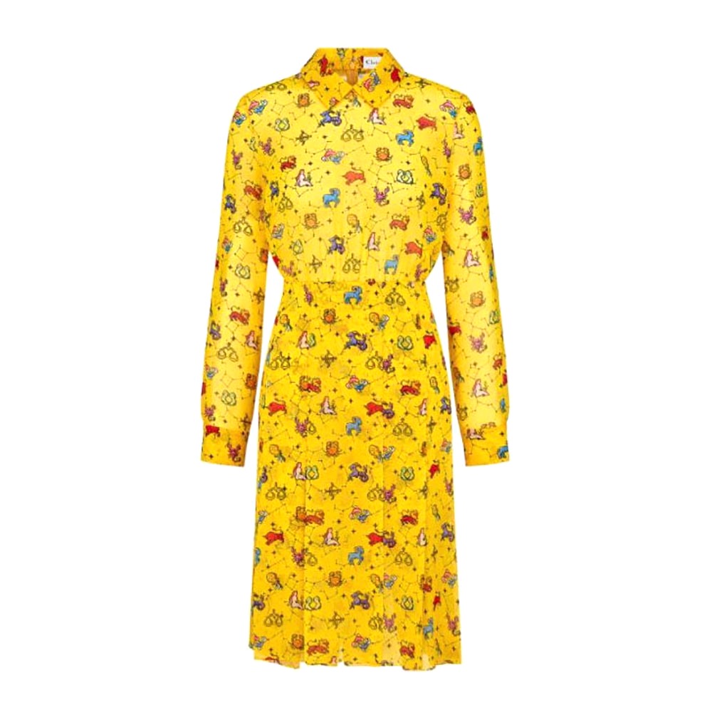 Váy Dior Mid-Length Shirt Dress Yellow Silk Chiffon with Multicolor Dior Pixel Zodiac Motif