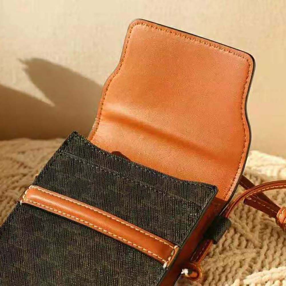 TÚI Celine Women Phone Pouch with Flap in Triomphe Canvas and Lambskin-Brown