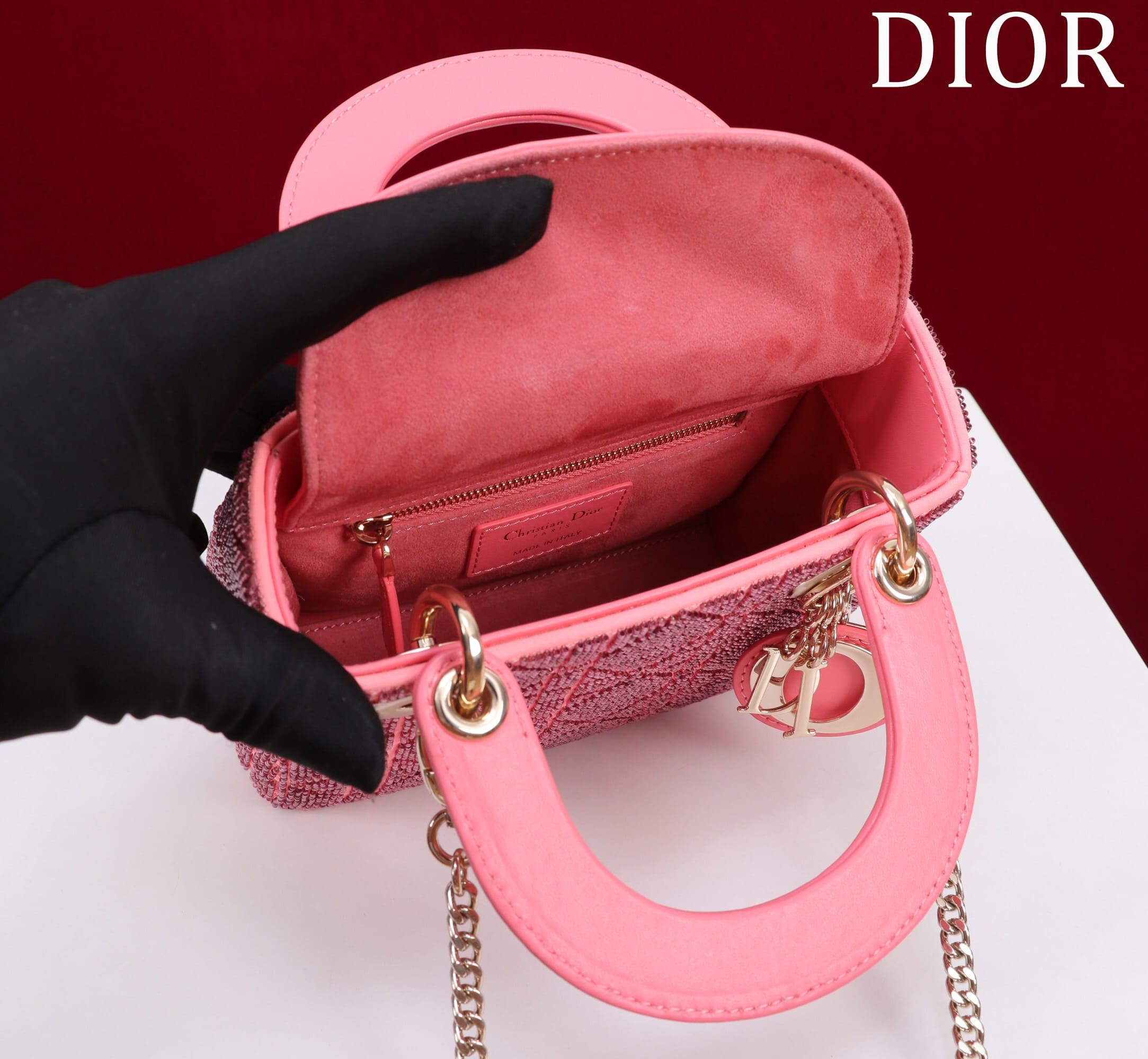 TÚI CHRISTIAN DIOR LADY DIOR Cannage Calfskin with Platinum Beaded Embroidery Pink