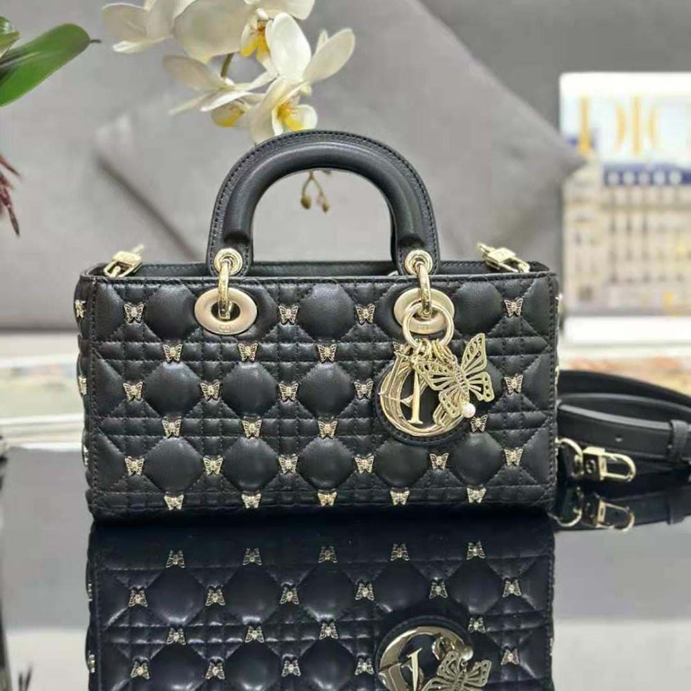 TÚI Dior Women Medium Lady D-joy Bag Black Cannage Lambskin with Gold-Finish Butterfly Studs