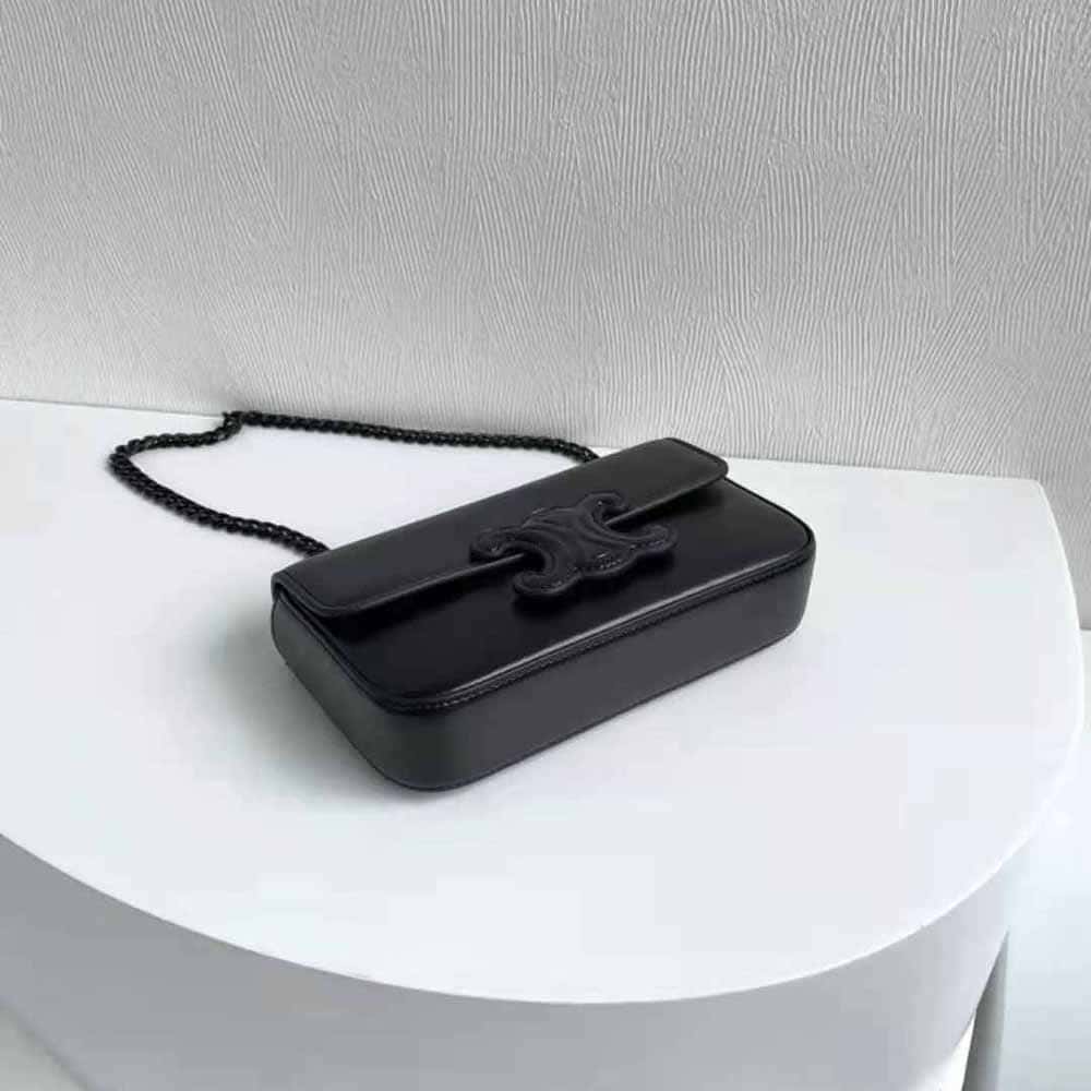 TÚI Celine Women Chain Shoulder Bag Cuir Triomphe in Shiny Calfskin-Black