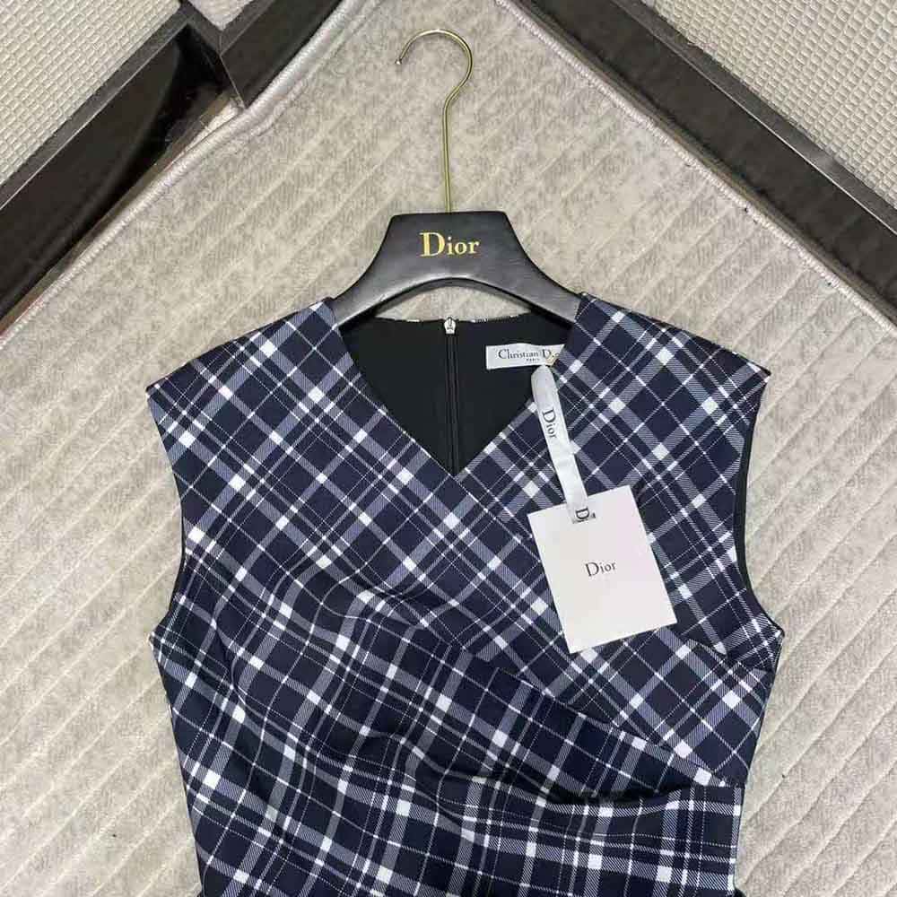 Váy Dior Women Short Wrap-Over Dress Navy Blue Check’n’Dior Pop Wool Twill