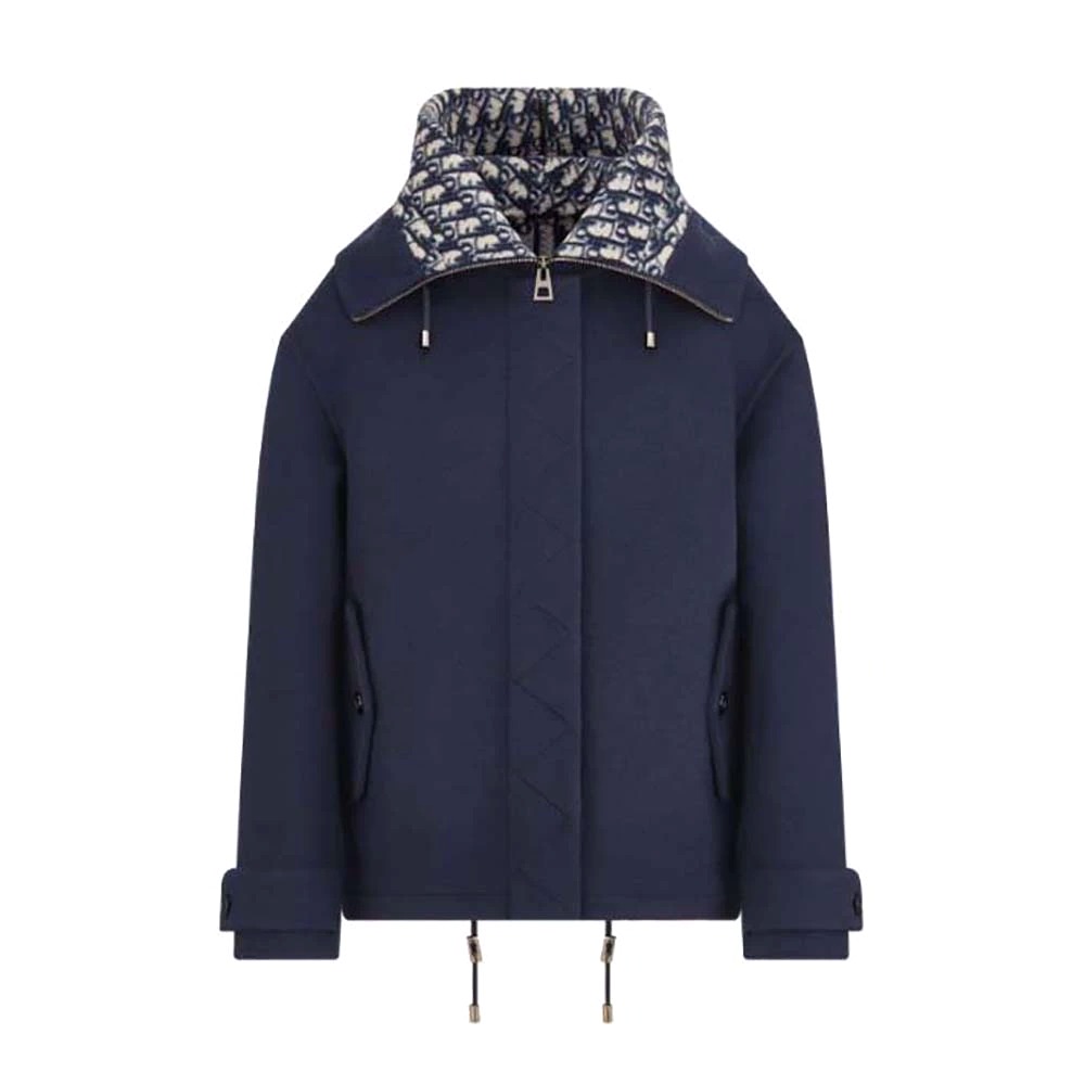 ÁO Dior Women Zipped-Hood Peacoat Navy Blue Double-Sided Wool and Silk with Dior Oblique Interior
