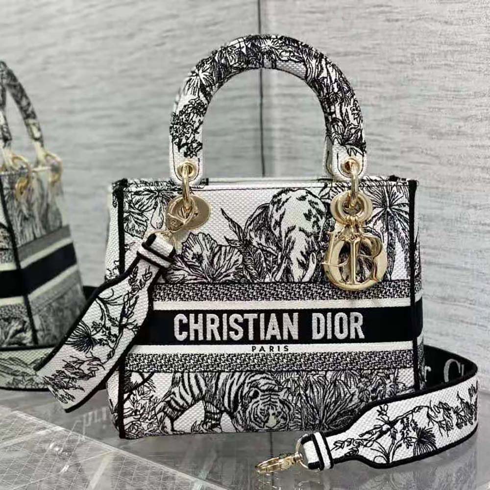 TÚI Dior Women Medium Lady D-lite Bag White and Black Toile de Jouy Voyage Embroidery
