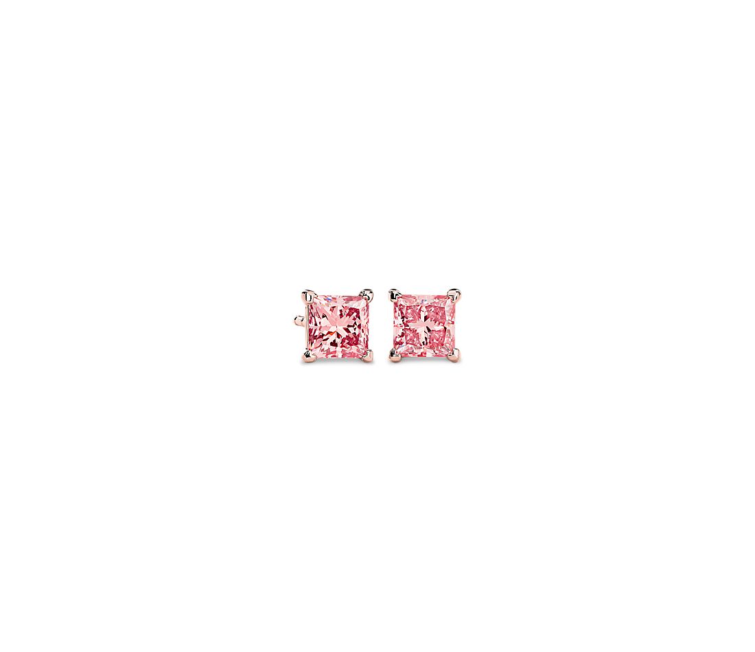 Bông tai vàng hồng 18K Au750 Pink Diamond Princess Solitaire Stud Earrings