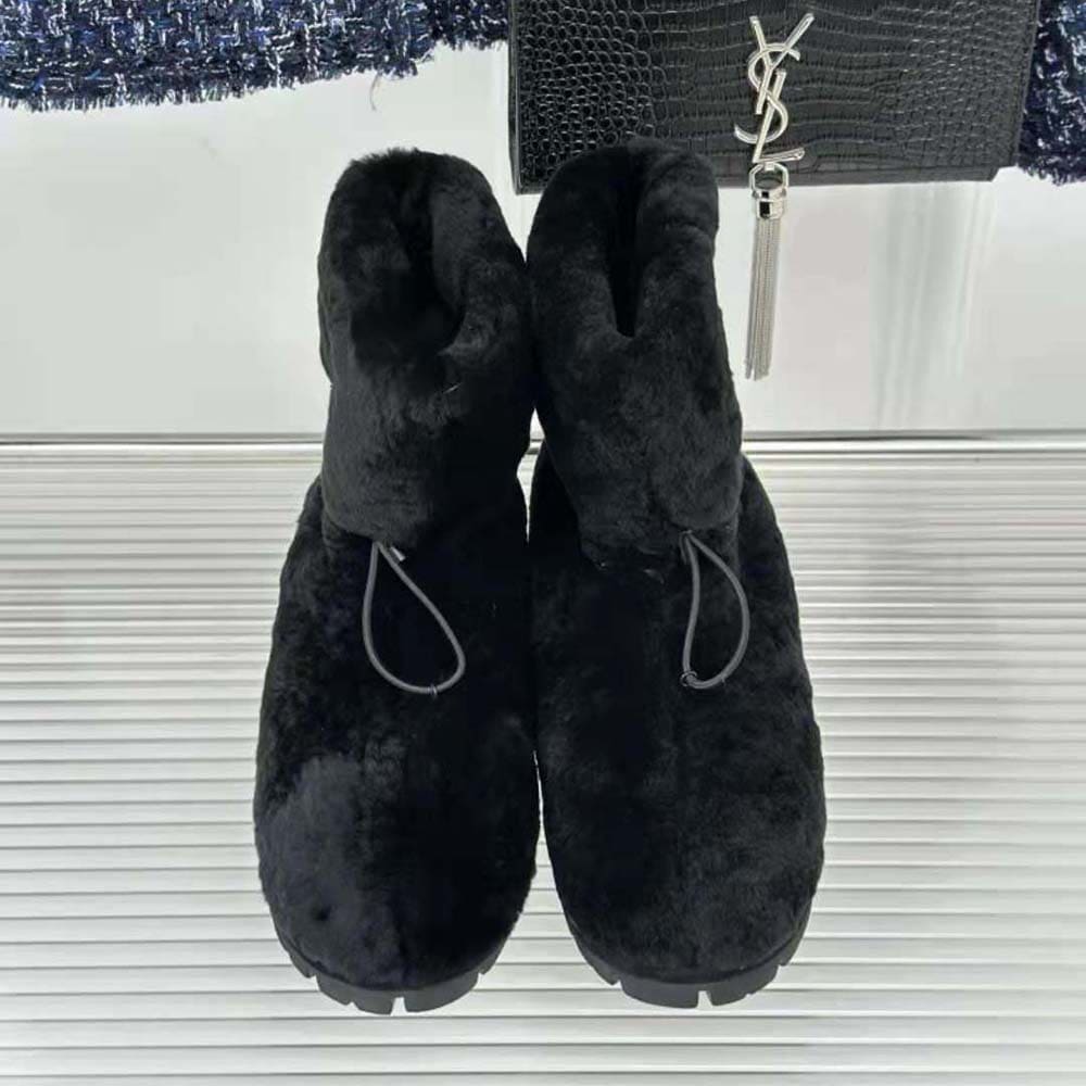 GIÀY Prada Women Shearling Booties with Enameled Metal Triangle Logo-Black
