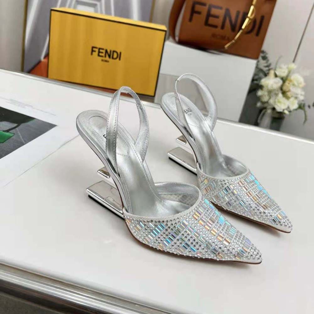 GIÀY Fendi First Silver-colored Rhinestone High-heeled Slingbacks