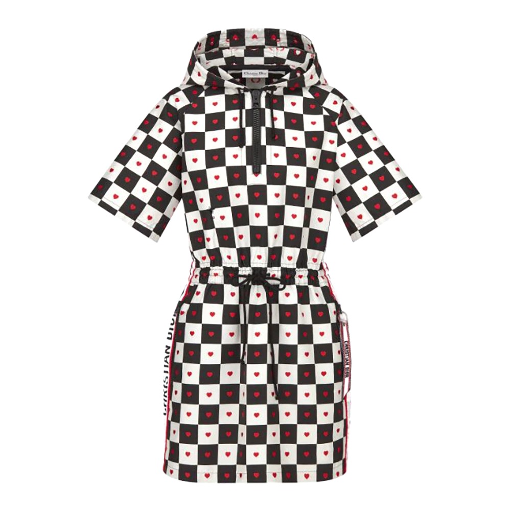 VÁY Dioramour Hooded Short Dress Black White and Red D-Chess Heart Technical Taffeta Jacquard