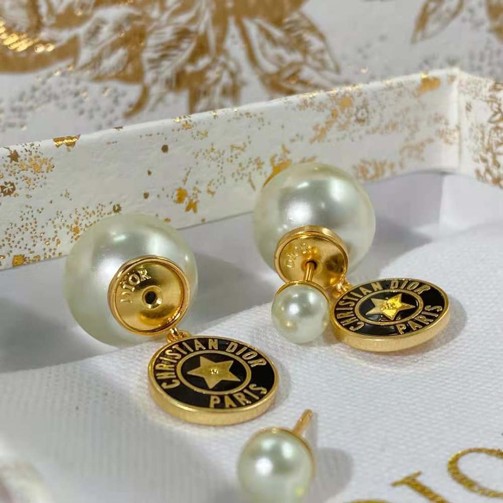 Bông tai Dior Women Tribales Earrings Gold-Finish Metal with White Resin Pearls and Navy Blue Lacquer