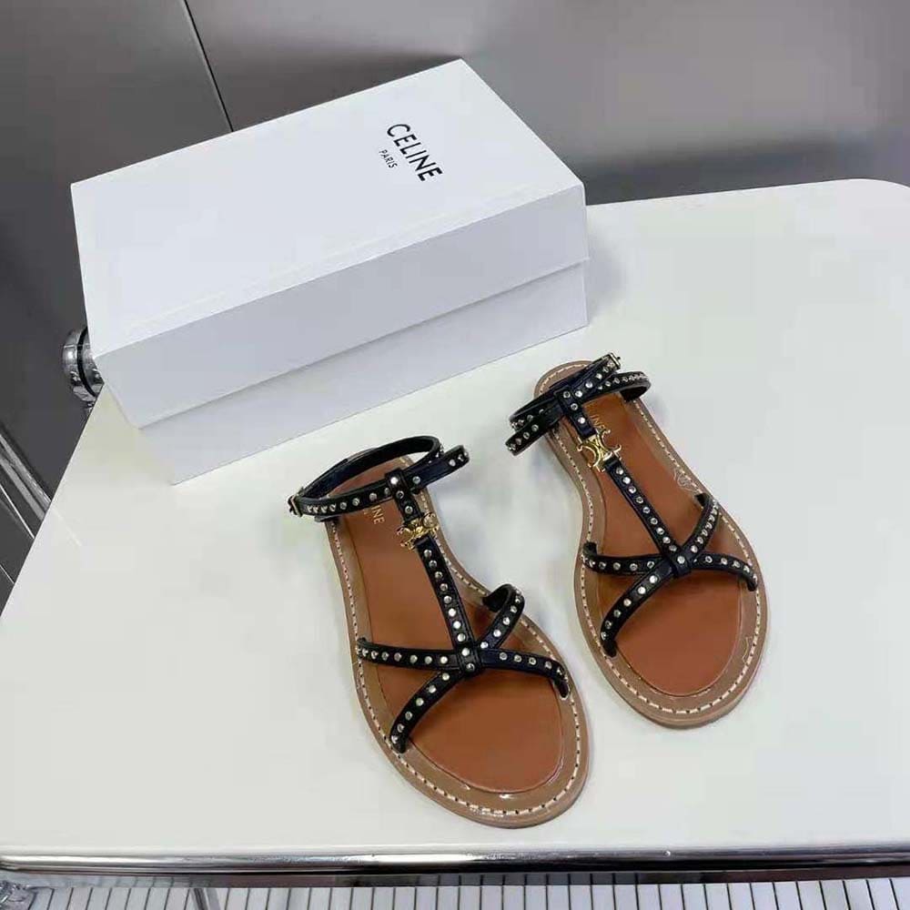 DÉP SANDALS Celine Women Taillat Flat Sandal with Studs in Calfskin – Vegetal Tanning & Studs-Black