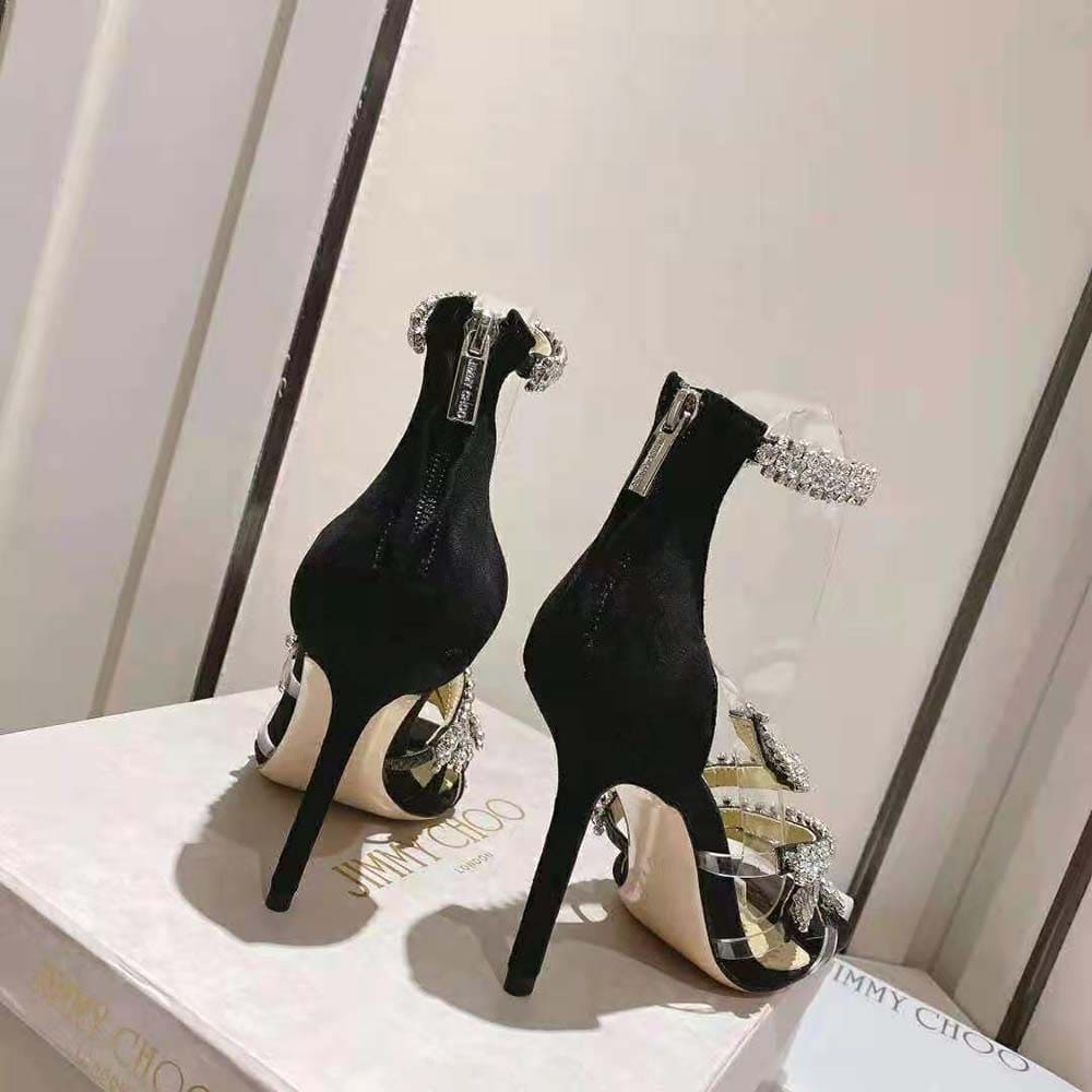 GIÀY Jimmy Choo Women Josefine 100 Black Suede Sandals with Crystal Embellishment