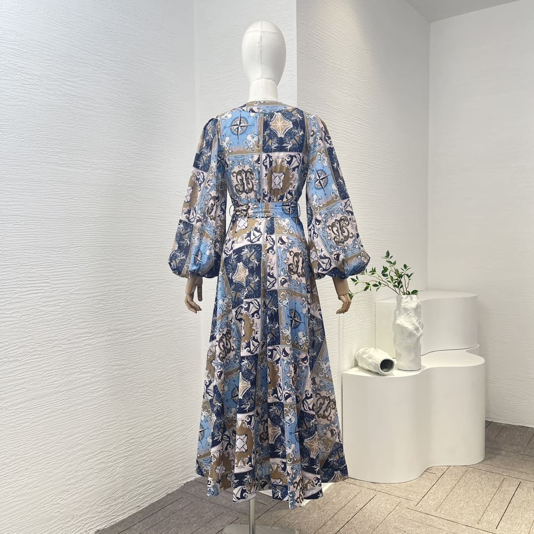 VÁY ZIMMERMANN Blue Plaid Long Lantern Sleeve Wrap Midi Dress High Classy