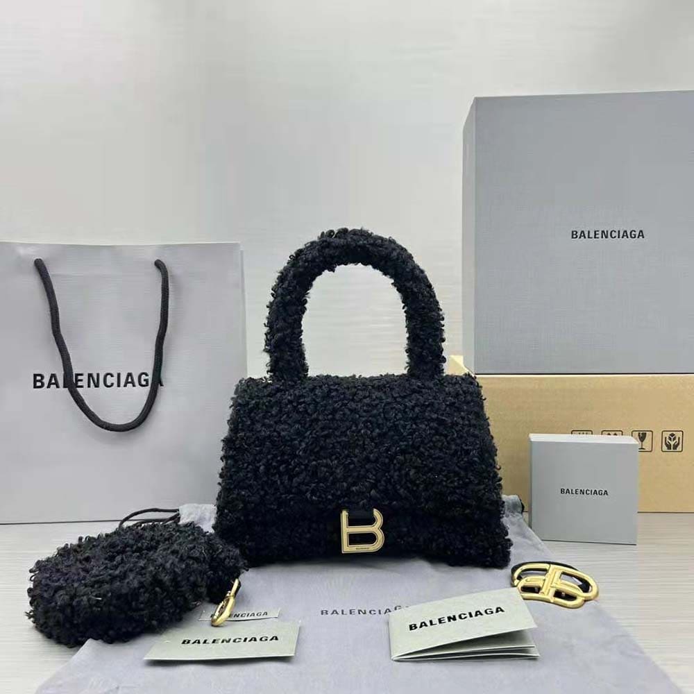 TÚI Balenciaga Women Furry Hourglass Small Handbag with Strap in Black