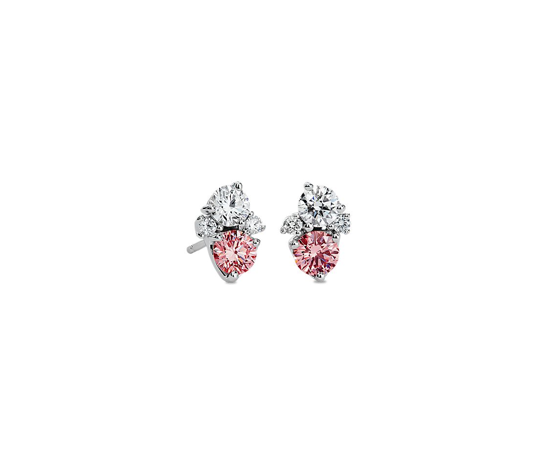 Bông tai vàng trắng 18K Au750 Pink & White Diamond Round Cluster Earrings