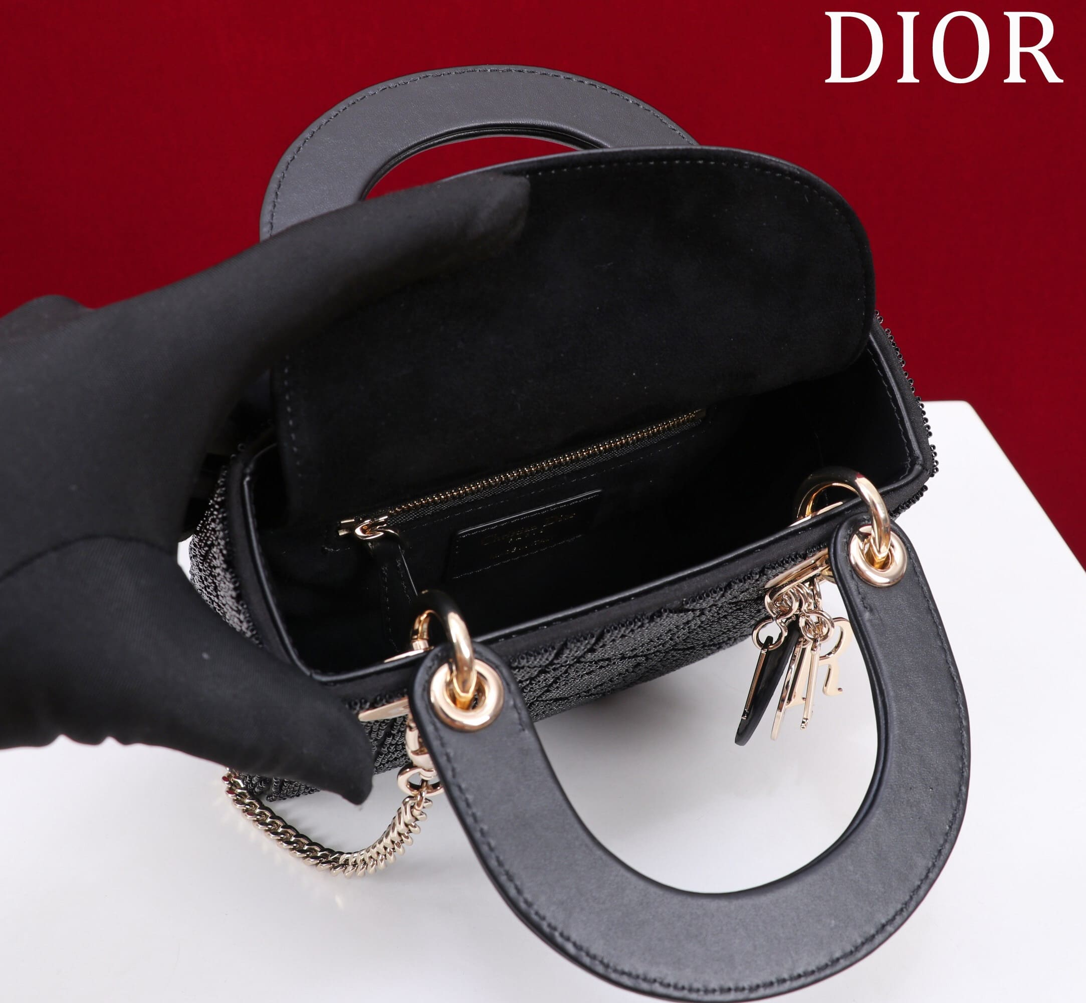 TÚI CHRISTIAN DIOR LADY DIOR Cannage Calfskin with Platinum Beaded Embroidery Black