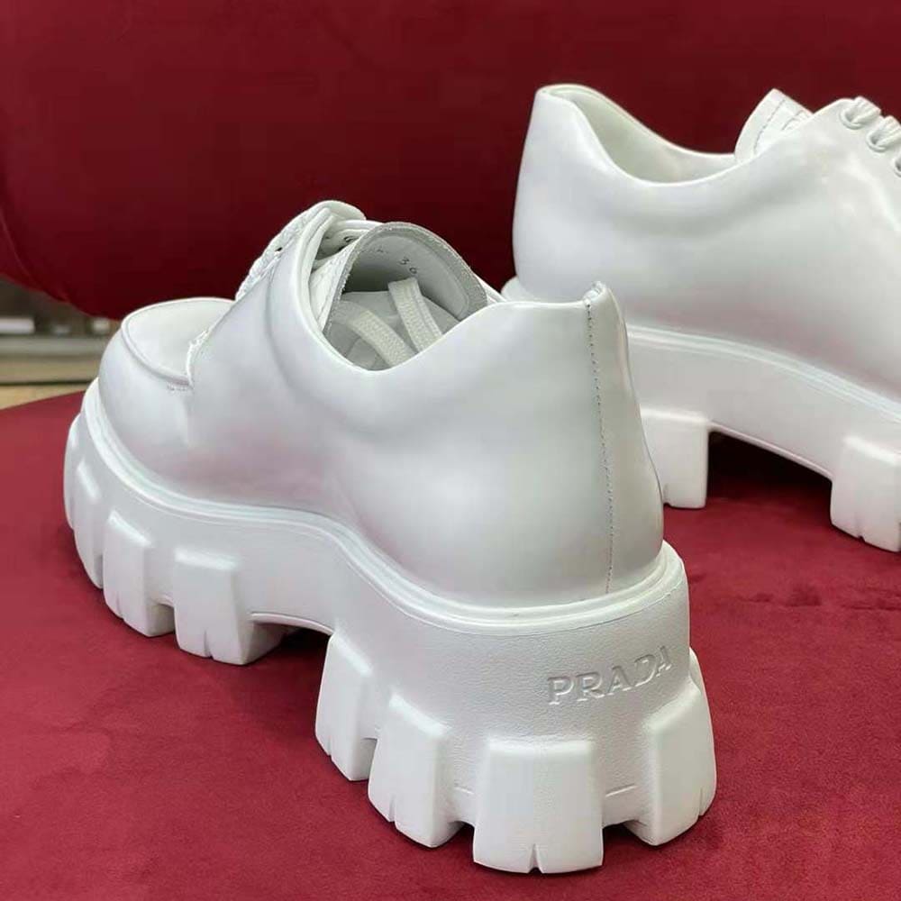 GIÀY Prada Women Monolith Brushed Leather Lace-up Shoes-White
