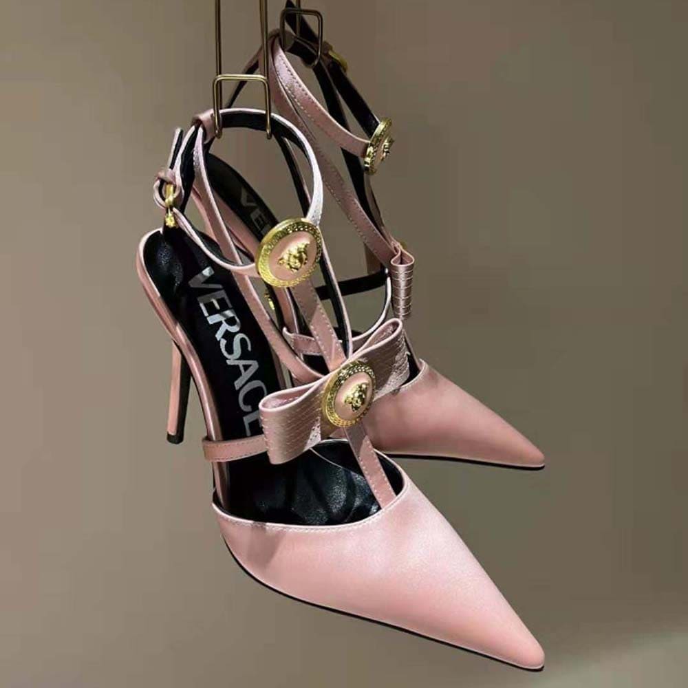 GIÀY Versace Women Gianni Ribbon Cage Satin Pumps-Pink