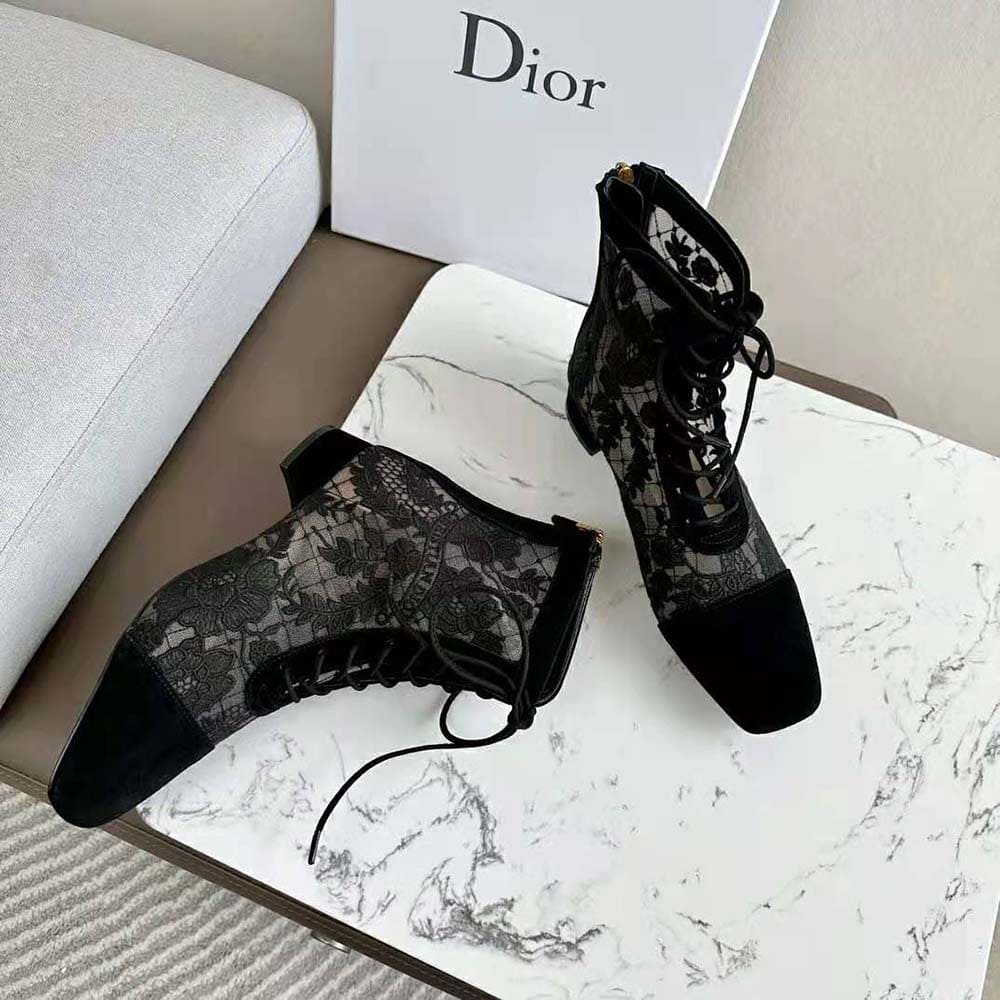 GIÀY Dior Women Naughtily-d Ankle Boot Black Transparent Mesh and Suede Embroidered