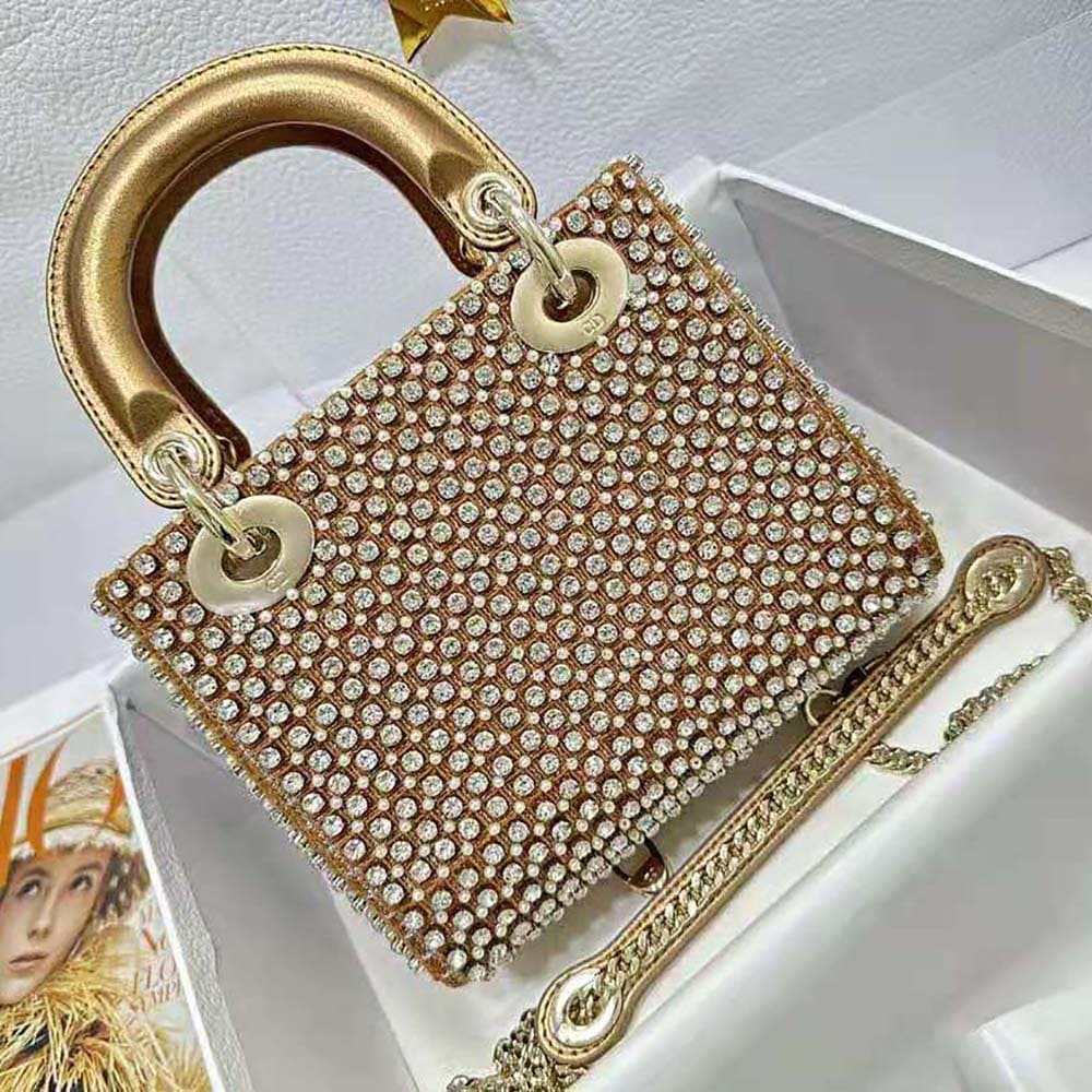 TÚI Dior Women Mini Lady Dior Bag Square-Pattern Embroidery Set with Strass and White Round Beads