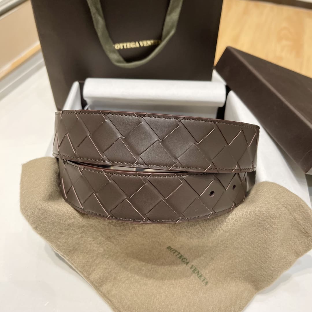 DÂY LƯNG BOTTGA VENETA BROWN INTRECCIATO LEATHER Khóa vàng