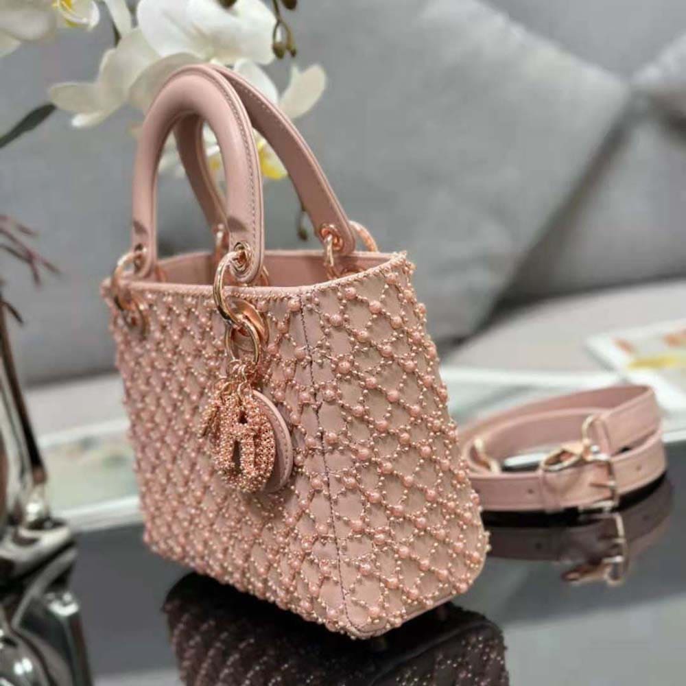 TÚI Dior Women Small Lady Dior Bag Rose Des Vents Cannage Calfskin Embroidered with Resin Pearls
