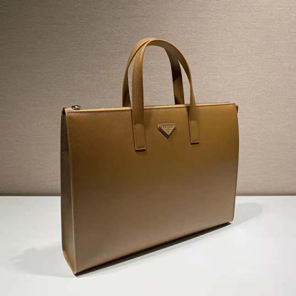 TÚI Prada Men Saffiano Tote with a Crosshatch Pattern and Wax Finish-Brown