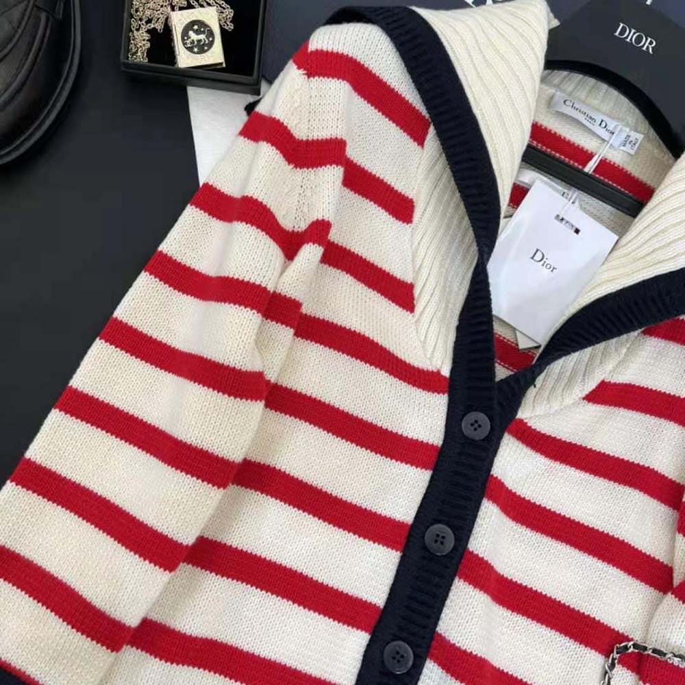 ÁO Dior Women Mariniere Cardigan Red and Ecru D-Stripes Ribbed Wool and Cashmere Knit