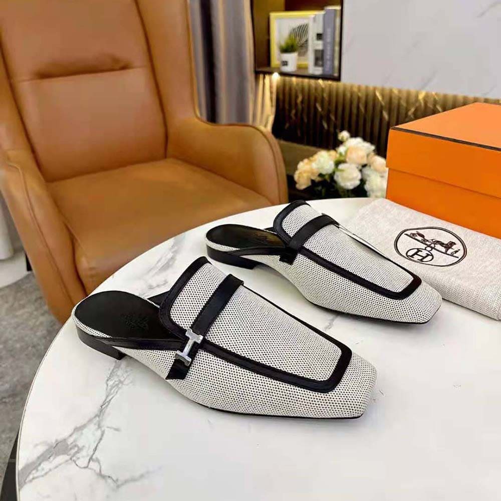 GIÀY Hermes Women in H Canvas and Calfskin-Black