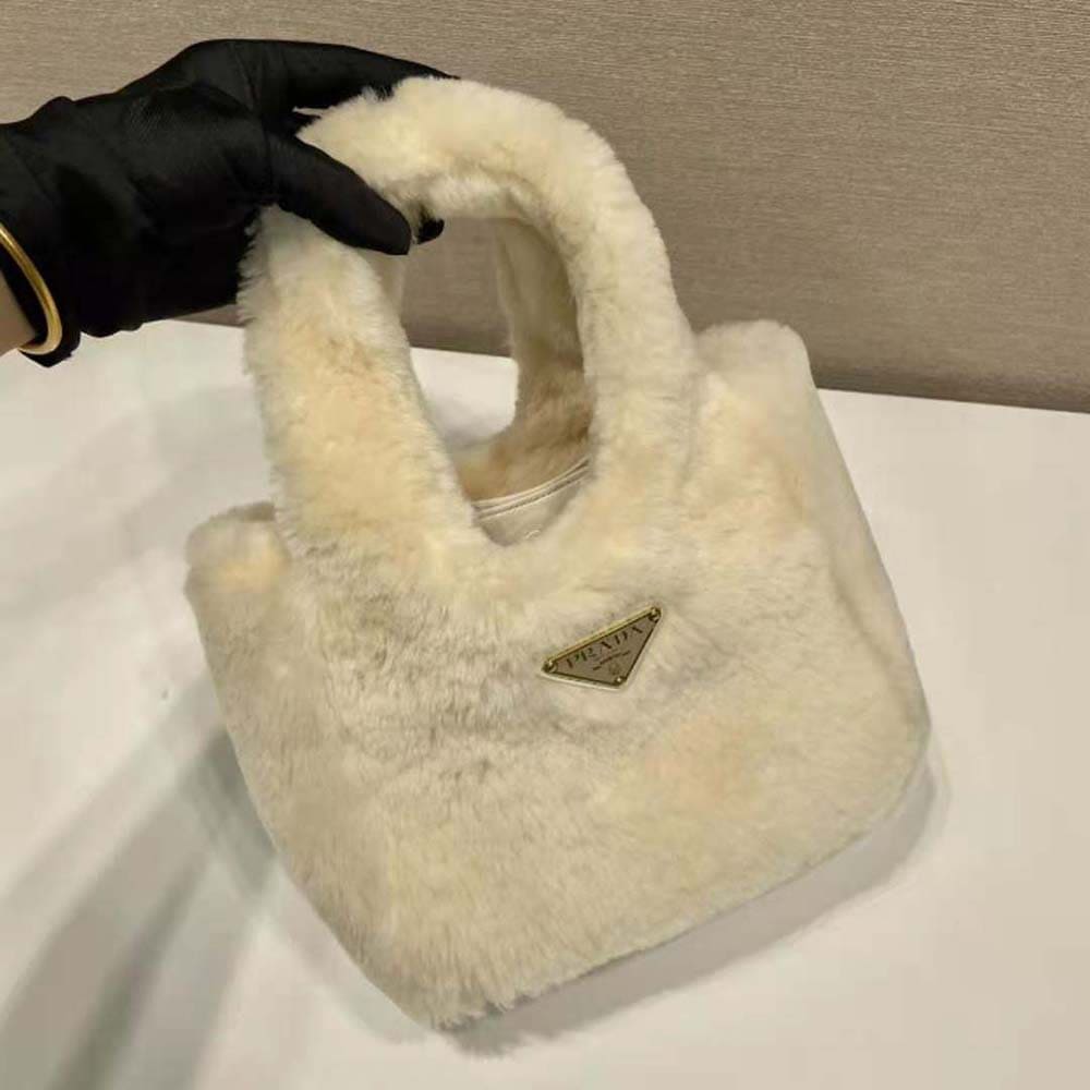 TÚI Prada Women Shearling Mini Handbag-Beige