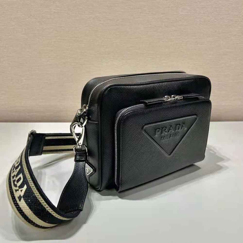 TÚI Prada Men Saffiano Leather Shoulder Bag With Iconic Prada Material-Black