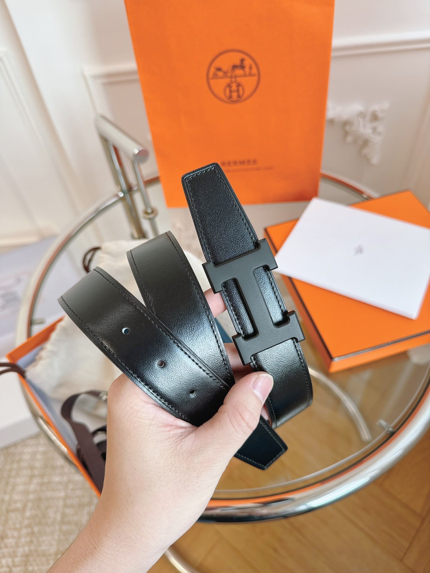 DÂY LƯNG HERMES H BLACK BLUE Togo leather hai mặt khóa đen