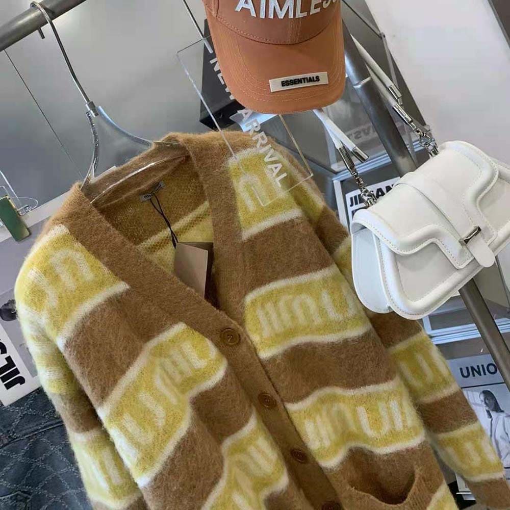ÁO Miu Miu Women Oversized Mohair Cardigan with Intarsia Logo-Yellow