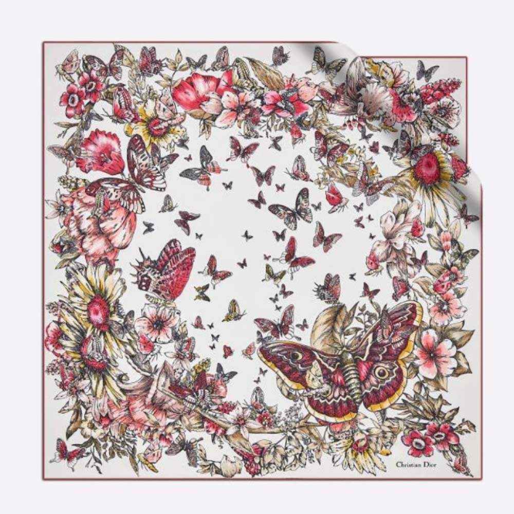 KHĂN Dior Women Square Scarf Ivory Silk Twill with Multicolor Butterfly Motif