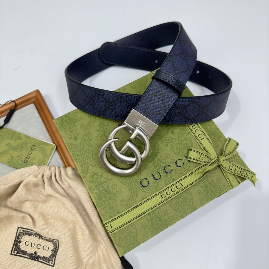 DÂY LƯNG GUCCI GG BLUE CANVAS LEATHER Khóa bạc