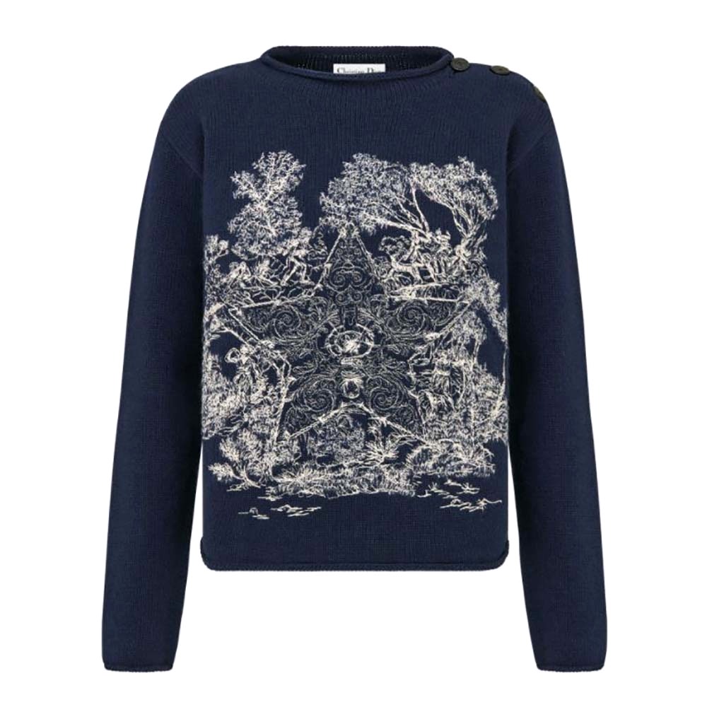 ÁO Dior Women Embroidered Sweater Navy Blue Cashmere Knit