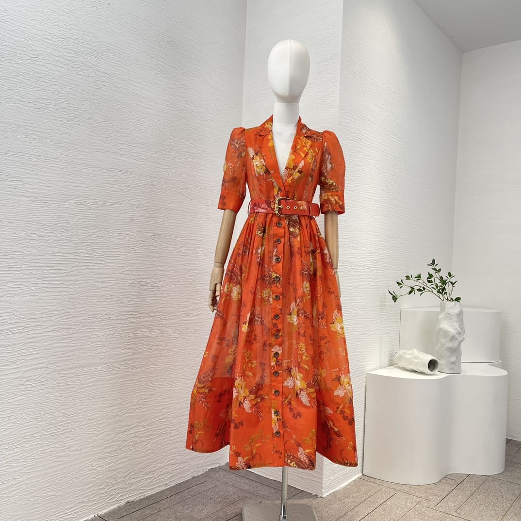 VÁY ZIMMERMANN Holiday Orange Short Sleeve Floral Print Midi Dress High Classy