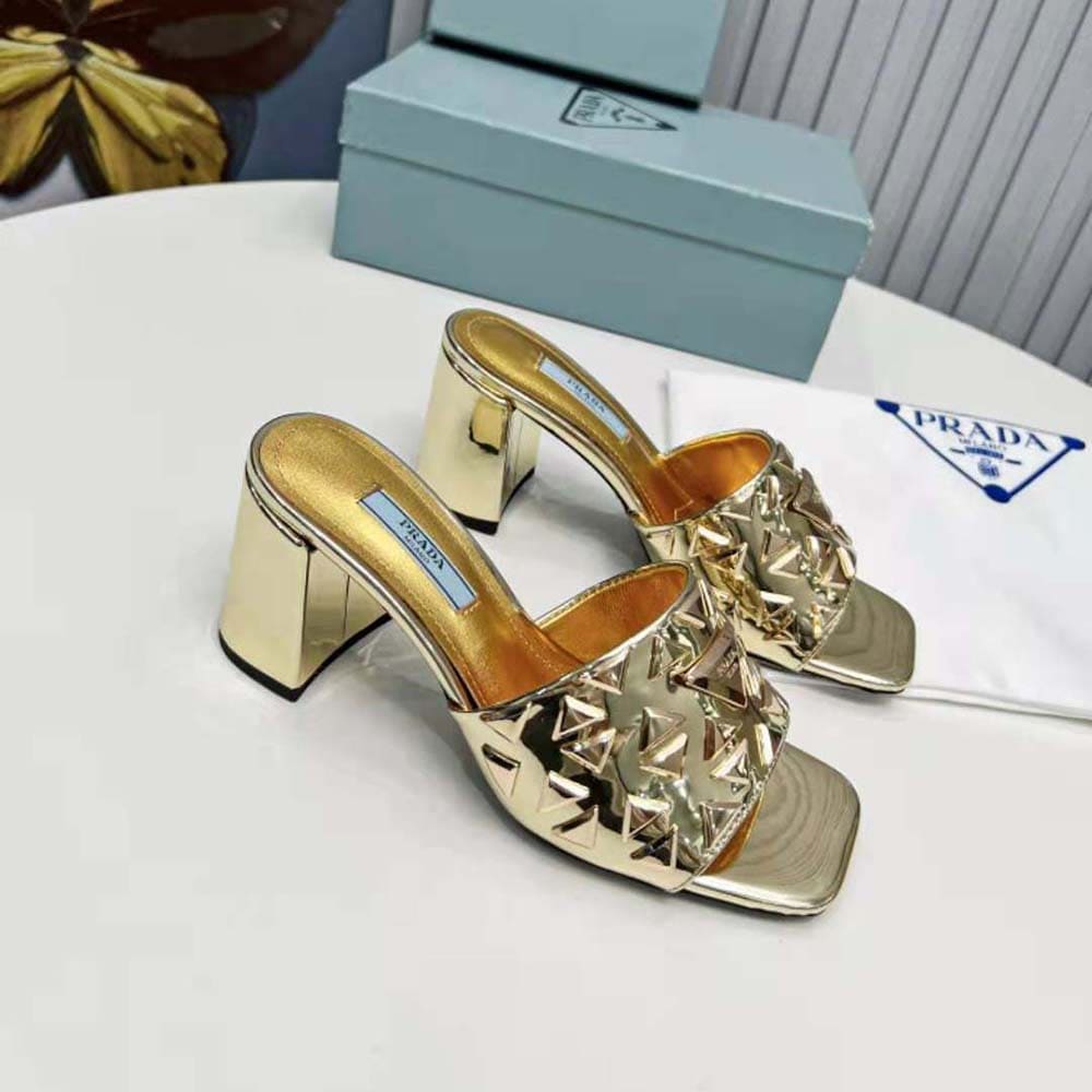 GUỐC Prada Women Studded Metallic Leather Mules-Gold