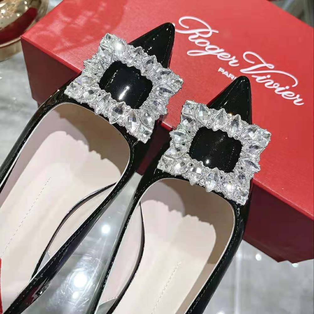 GIÀY Roger Vivier Women Virgule Strass Buckle Slingback Pumps in Patent Leather-Black