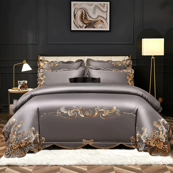 BỘ CHĂN GA GỐI Miriam Grey Embroidered Cotton Duvet Cover Set