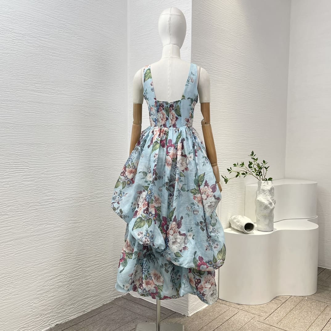 VÁY ZIMMERMANN Holiday Blue Floral Pirnt Ruched Sleeveless High-low Midi Dress High Classy