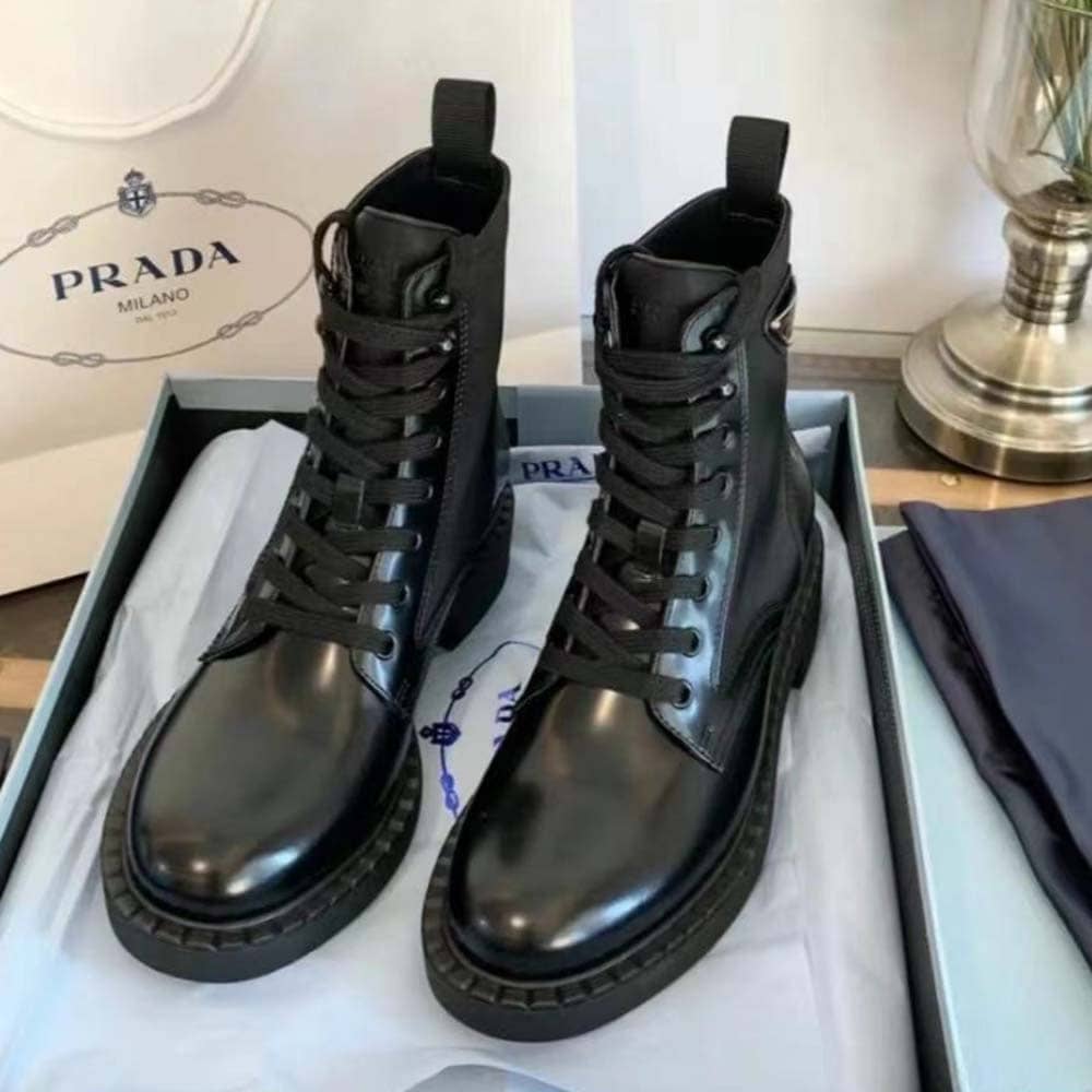 GIÀY Prada Women Brushed-Leather and Re-Nylon Boots-Black