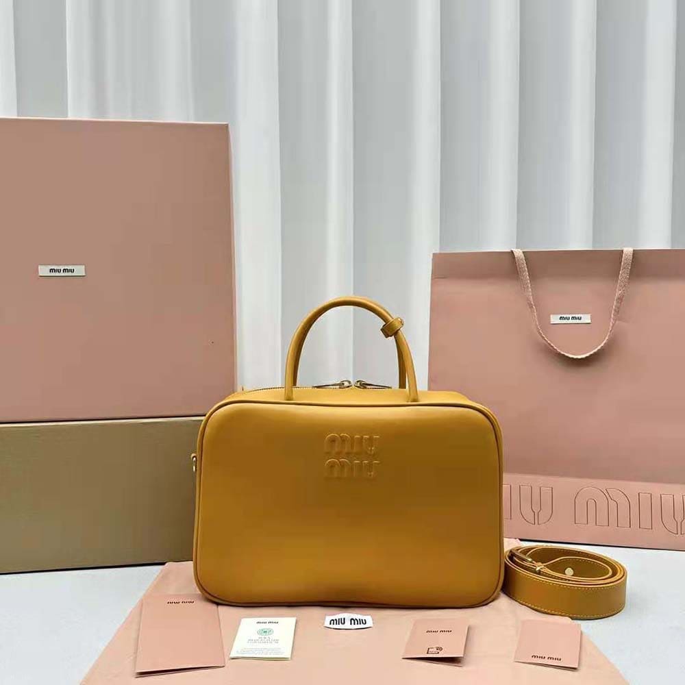 Túi Miu Miu Women Leather Top-handle Bag with Embossed Lettering Logo-Orange